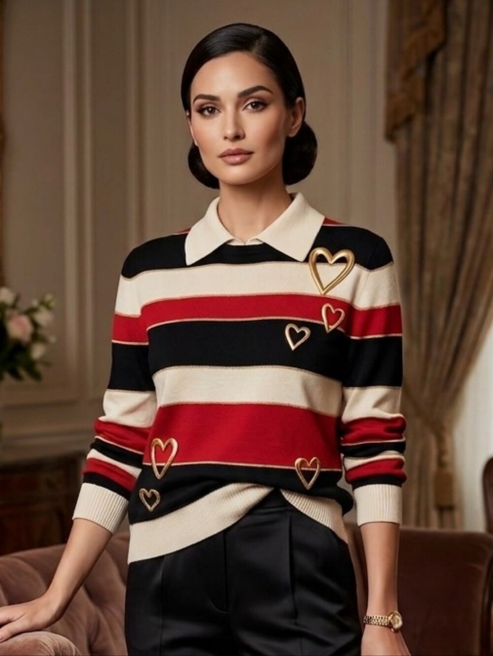 St John Vgt Striped Red, Black & Cream Sweater with Gold Heart Accents Sz Medium